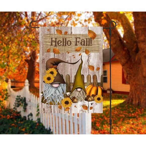 HELLO FALL Gnomes Double Sided Fall Gnome Garden Flag with Pumpkin Leaves NEW - Picture 6 of 7